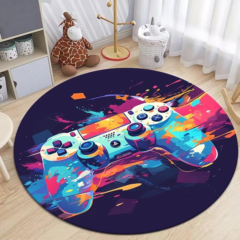 Game Controller Round Area Rug Cartoon Gamer Carpet Rug for Living Room Children's Bedroom Sofa Decor Non-slip Floor Mat