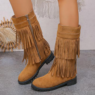 Женские замшевые сапоги с двойной бахромой, боковой молнией, круглым носком, массивным средним каблуком, сапожки большого размера с широким голенищем для осени-зимы