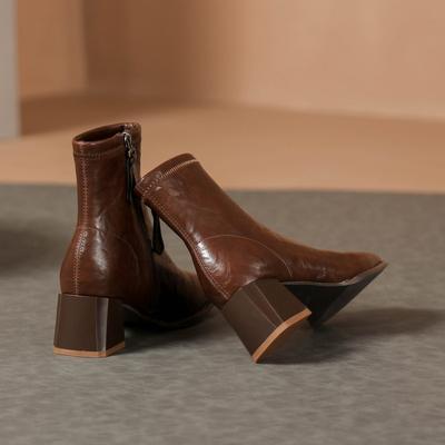 Модные ретро осенне-зимние короткие ботинки толстый каблук квадратный носок тонкие женские кожаные ботинки бархатные универсальные новые женские низкие ботинки