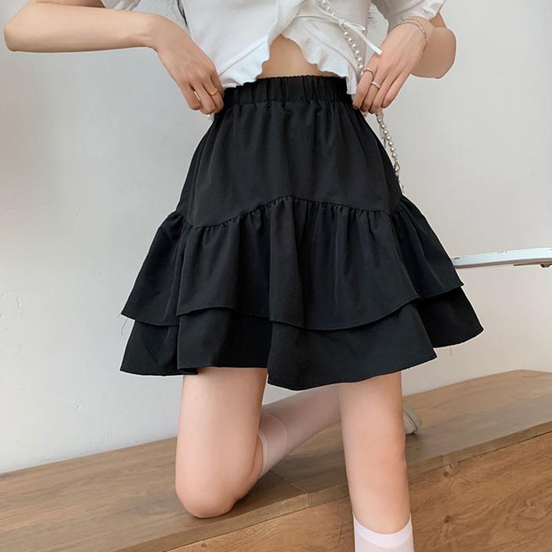Skirts for Women Ruffled A-line Skirt Female Summer Thin Tutu Skirts Solid Color Preppy Style Elastic High Waist Casual Skirt