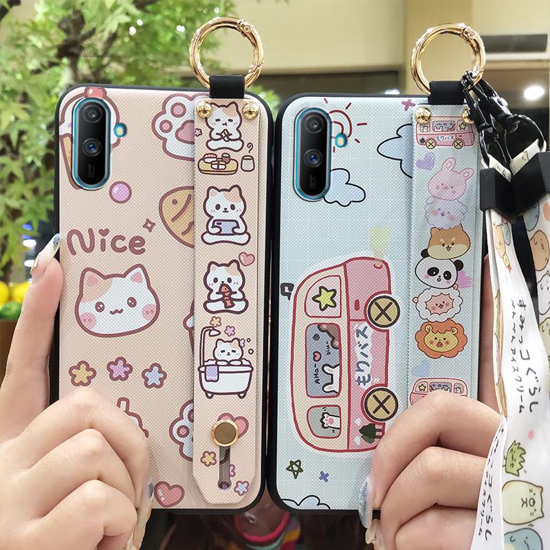 Phone Holder Fashion Design Phone Case For OPPO Realme C3/C3i/Narz N10A Wrist Strap Cute Kickstand Anti-knock Silicone