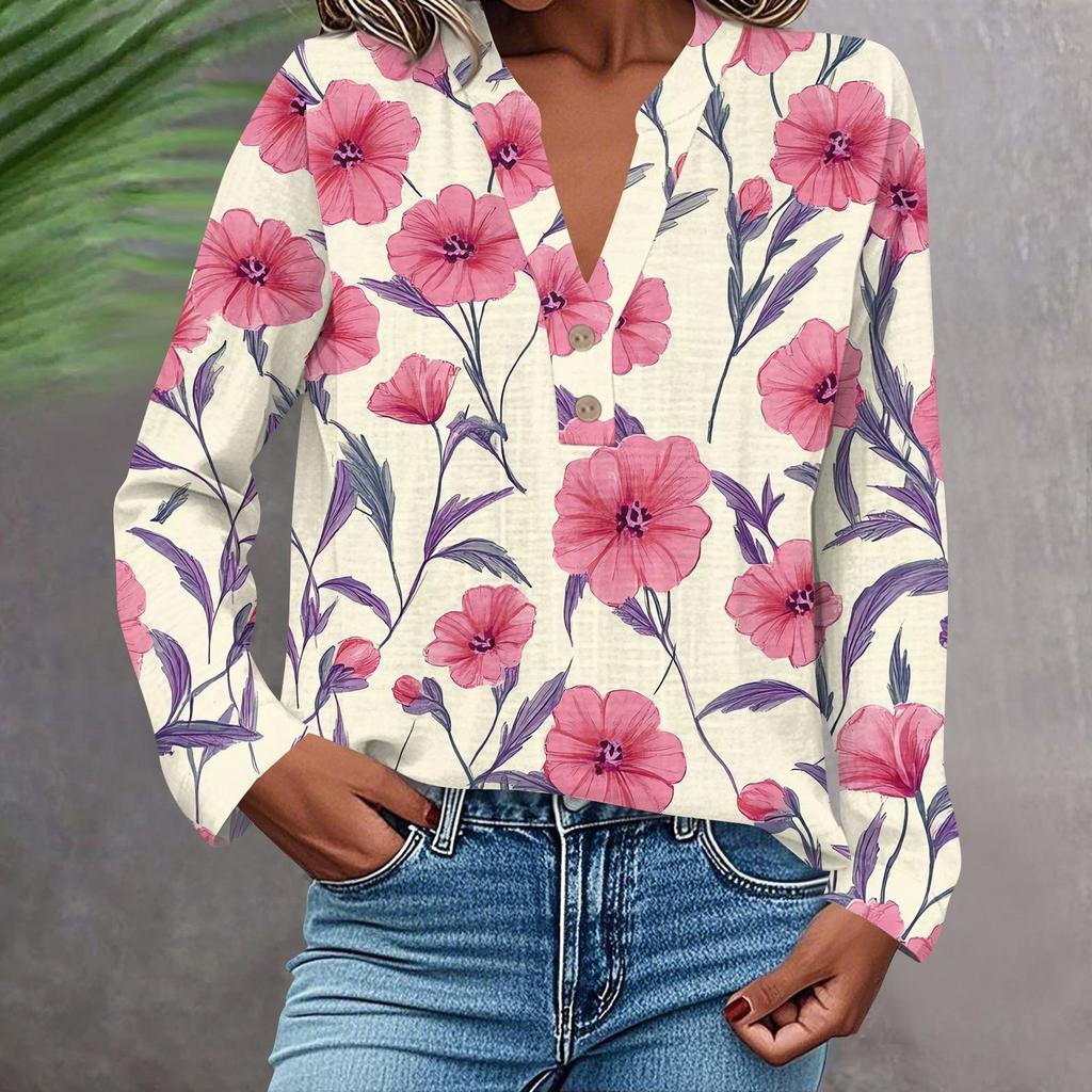 Женская модная и повседневная рубашка с длинным рукавом, V-образным вырезом, на пуговицах, с принтом, блузка, топ