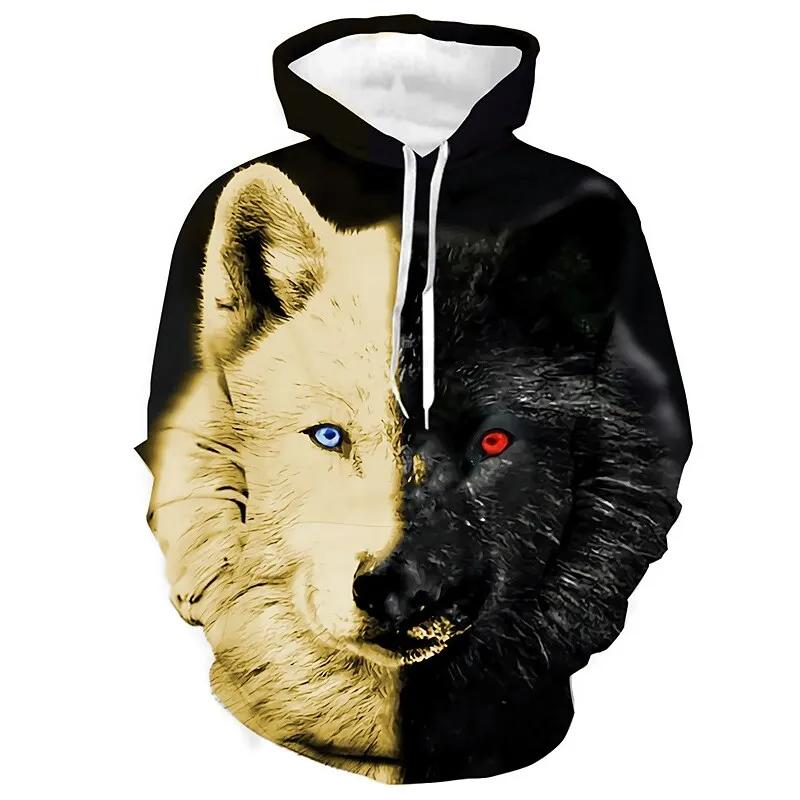 Black and White Wolf Print 3D Men's Hoodies Fashion Animal Pattern Women's Sweatshirts Leisure Essentials Pullover Jackets Coat