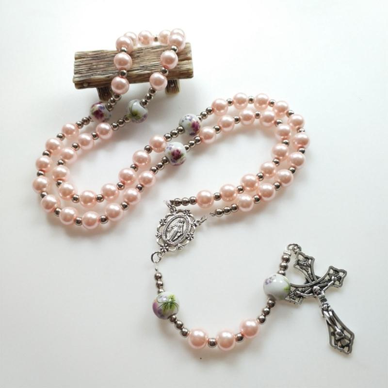 Винтажный крест, четки, ожерелье, круглые стеклянные бусины, Мария Иисус, кулон, ожерелья, женские католические религиозные украшения, подарок