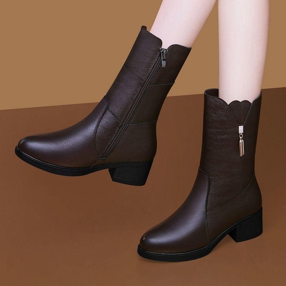 Autumn and Winter Plus Velvet Warm Soft Leather Mid-tube Boots Mid-heel Cotton Boots