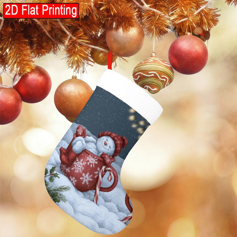 Christmas decoration fireplace hanging stocking 1pc Snowman Sitting Cozy in a Red Mug (3) Pattern Christmas Gift Socks,