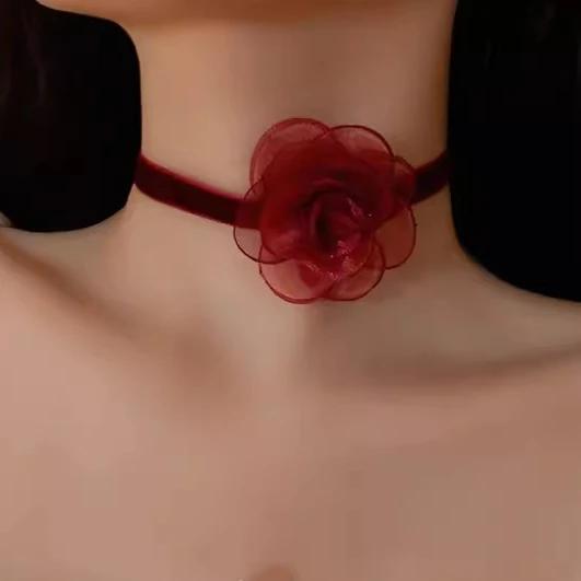 Lady Elegant Mesh Flower Necklace Women Comfortable Red Black Neck Ornaments Girls Lightweight Rose Necklace Party Gift Giving