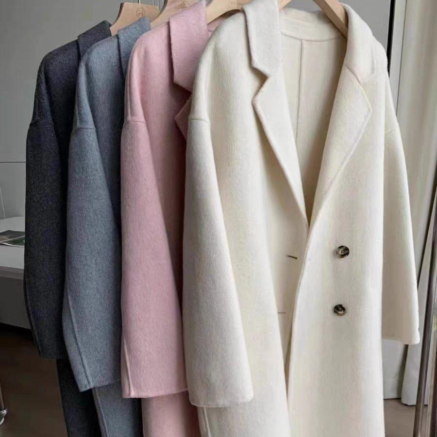 Autumn and Winter Korean Style Long Hair Baby Camel Wool Double-sided Wool Coat Double-breasted Simple High-end Coat New Style for Women