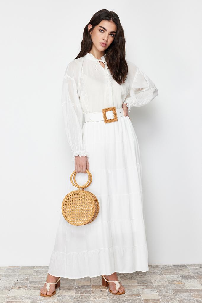 Women's Fashion Ecru Lined Polka Dot Pleated Woven Skirt