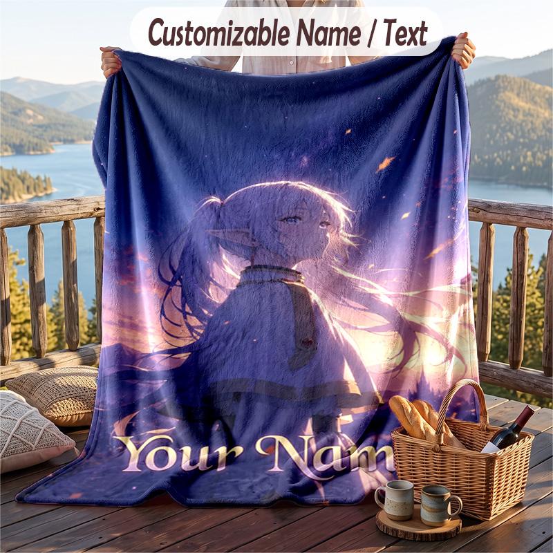 Custom Text Flannel Throw Blanket, Lightweight Cozy Bed Sofa BlanketFrieren Beyond Journey's End