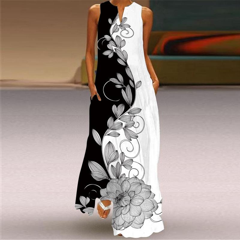 QICED Summer Women's Sleeveless Long V-Neck Printed Jade Flower Dresses