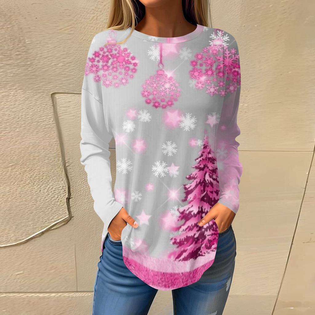 Футболки для женщин, осенние повседневные рубашки с длинным рукавом, толстовки с винтажным графическим принтом, топы, пуловеры, рождественские