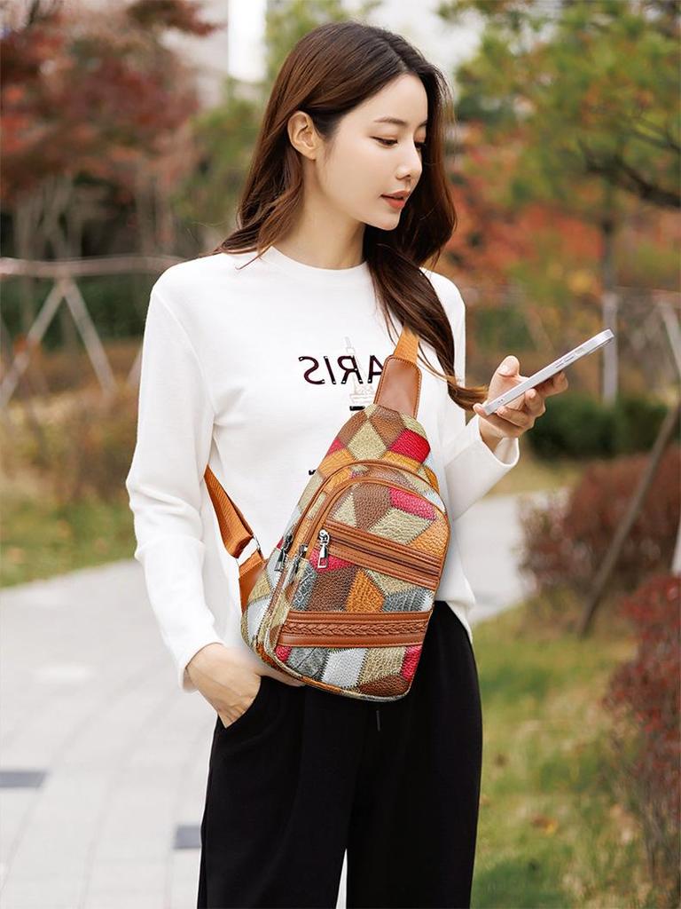 Модная женская универсальная сумка через плечо и на грудь - стильный контрастный кожаный маленький рюкзак