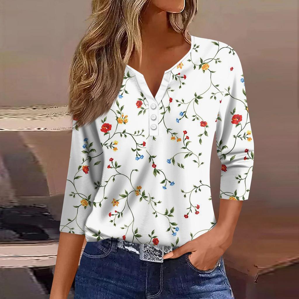 3/4 Length Sleeve Womens Tops Floral Print Vintage Fashion Casual Loose With V Neck Plus Size Shirts