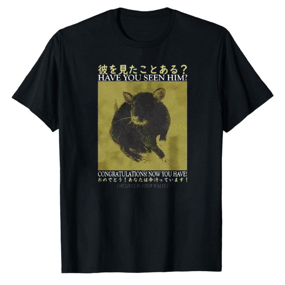Vintage Wanted Poster Style Black Animal Have You Seen Him English Japanese Bilingual Print Cotton Tshirt Meme Streetwear Tops