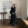 Plus Size Hepburn-Style V-Neck Ruffle Dress for Women - Elegant Autumn Slimming Black Dress