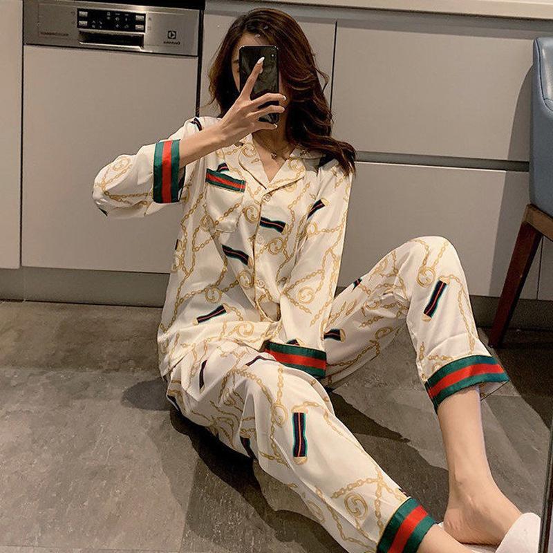 Autumn Ice Silk Pajamas Ladies Lapel Casual Loose Home Clothes Women's Silk Sexy Pajamas Long-sleeved Trousers Two-piece Suit
