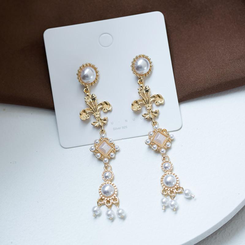 Серьги из стерлингового серебра S925 с иглой, в дворцовом стиле, винтажные - французские жемчужные длинные серьги-подвески и клипсы