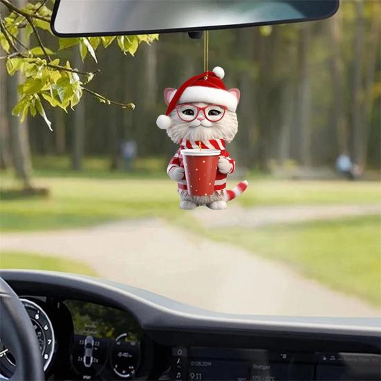 Украшение на рождественскую елку Рождественская фигурка кота с подвеской в шапке Санты 2D Плоское акриловое подвесное украшение для зеркала заднего вида автомобиля Дерево