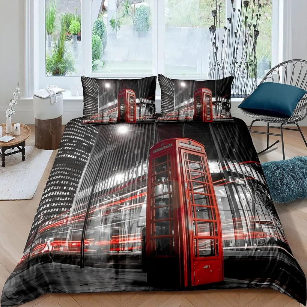 Big Ben Comforter Cover Boys Famous Telephone Booth Bedding Set For Teens Retro London Cityscape Duvet Cover Set With Pillowcase