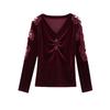 New Korean Version of Autumn V-neck Versatile Slim Embroidered Floss Long-sleeved Base Shirt for Women Wearing T-shirts Inside and Outside