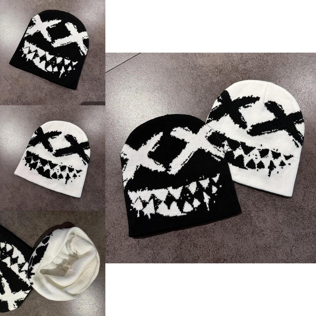 Halloween Knit Beanie With Funny Ghost Teeth Pattern For Cosplay And Party Costumes