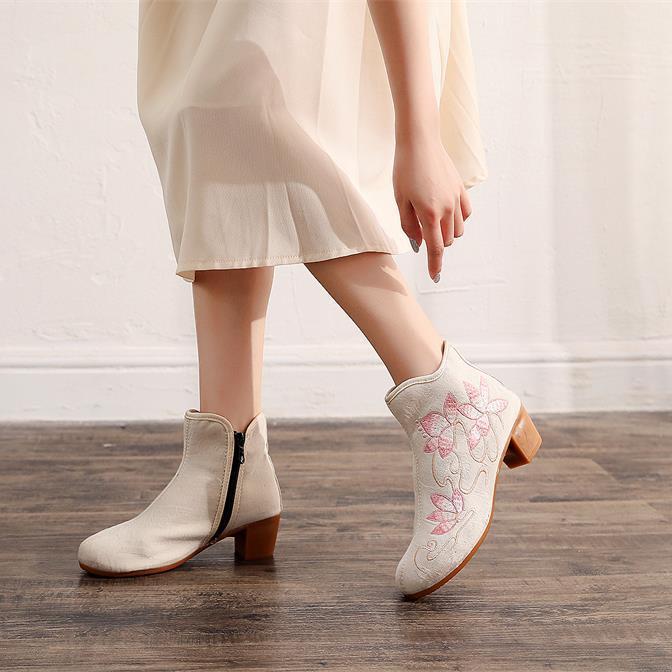 Модные женские зимние сапоги с вышивкой в этническом стиле, осенние и зимние женские хлопковые зимние сапоги, высокие женские сапоги на высоком каблуке