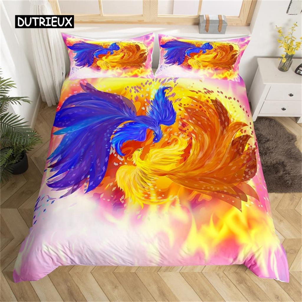 Великолепный красочный комплект постельного белья с изображением птиц из мультфильма «Феникс», комплект постельного белья из микрофибры с крыльями пламени, декор для спальни
