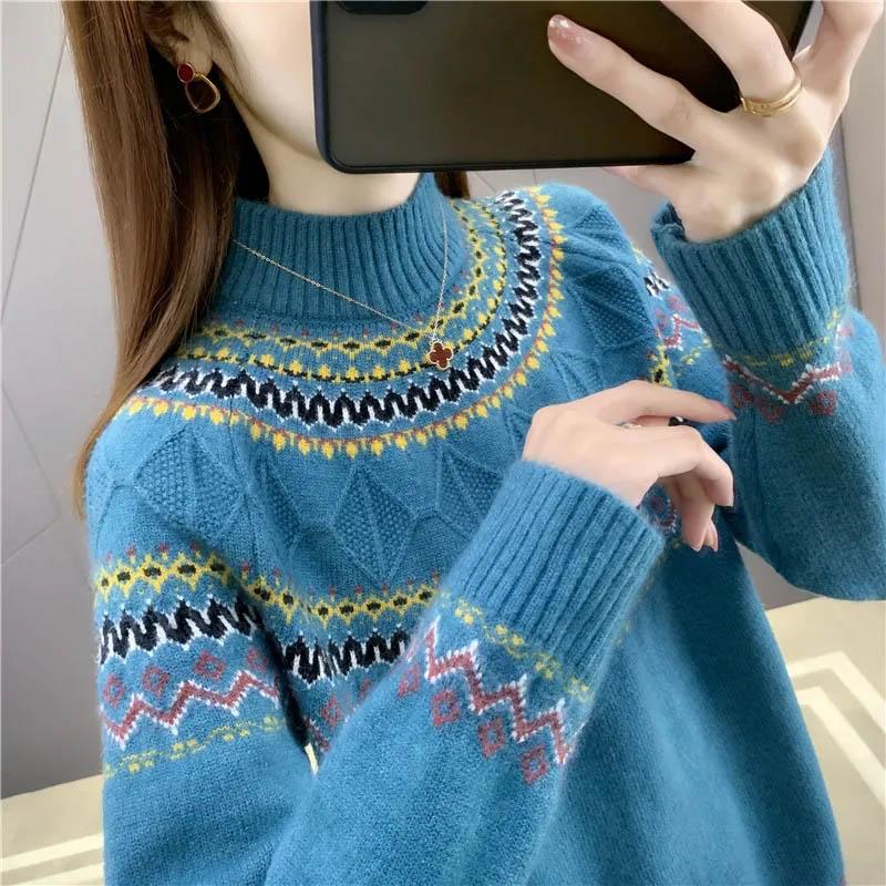 Свитер с высоким воротником, женский осенне-зимний комфорт и теплый принт внутри, повседневный универсальный эластичный пуловер, вязаный свитер, топы