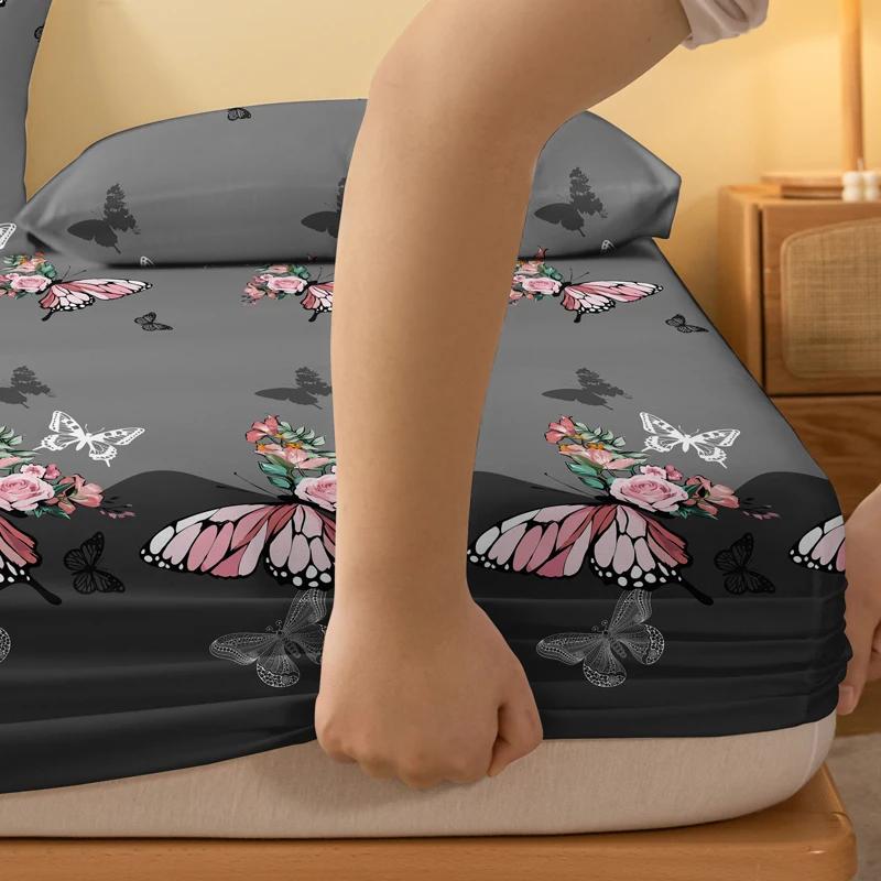 1 Rose Butterfly Patterned Frosted Bedsheet, Printed Bed Cover For Bedroom, Bedding (Excluding Pillowcases)