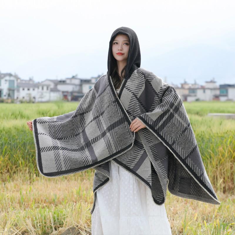 Warm Thick Plaid Hooded Cape Shawl Women Winter Cozy Wrap Scarf Lightweight Blanket Coat