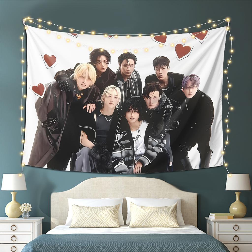 VIKAMA Stray Kids Member Illustration Tapestry KPop Fan Support Wall Hanging with Heart Elements for Bedroom Decor