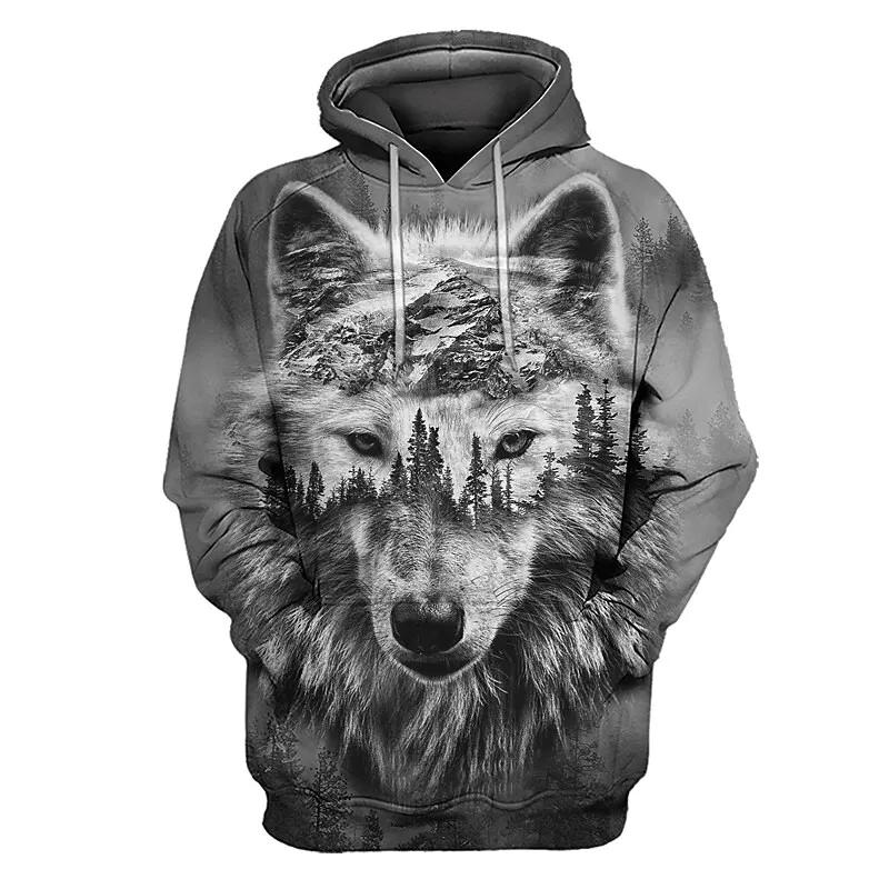 Black and White Wolf Print 3D Men's Hoodies Fashion Animal Pattern Women's Sweatshirts Leisure Essentials Pullover Jackets Coat