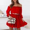 Women Summer Dress Off Shoulder Backless Ruffle Long Sleeves Pleated Patchwork Solid Color A-line Lady Prom Party Mini Dress