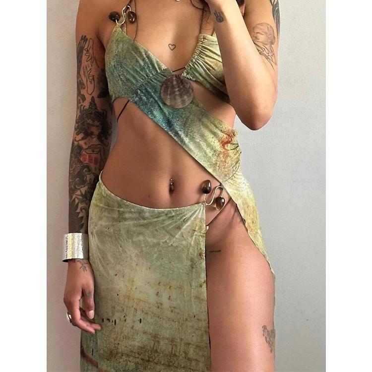 Эстетичный комплект из двух предметов с принтом, женский, с бретелькой через шею, нестандартная майка + высокие боковые разрезы, макси-юбки, женские наряды для отпуска