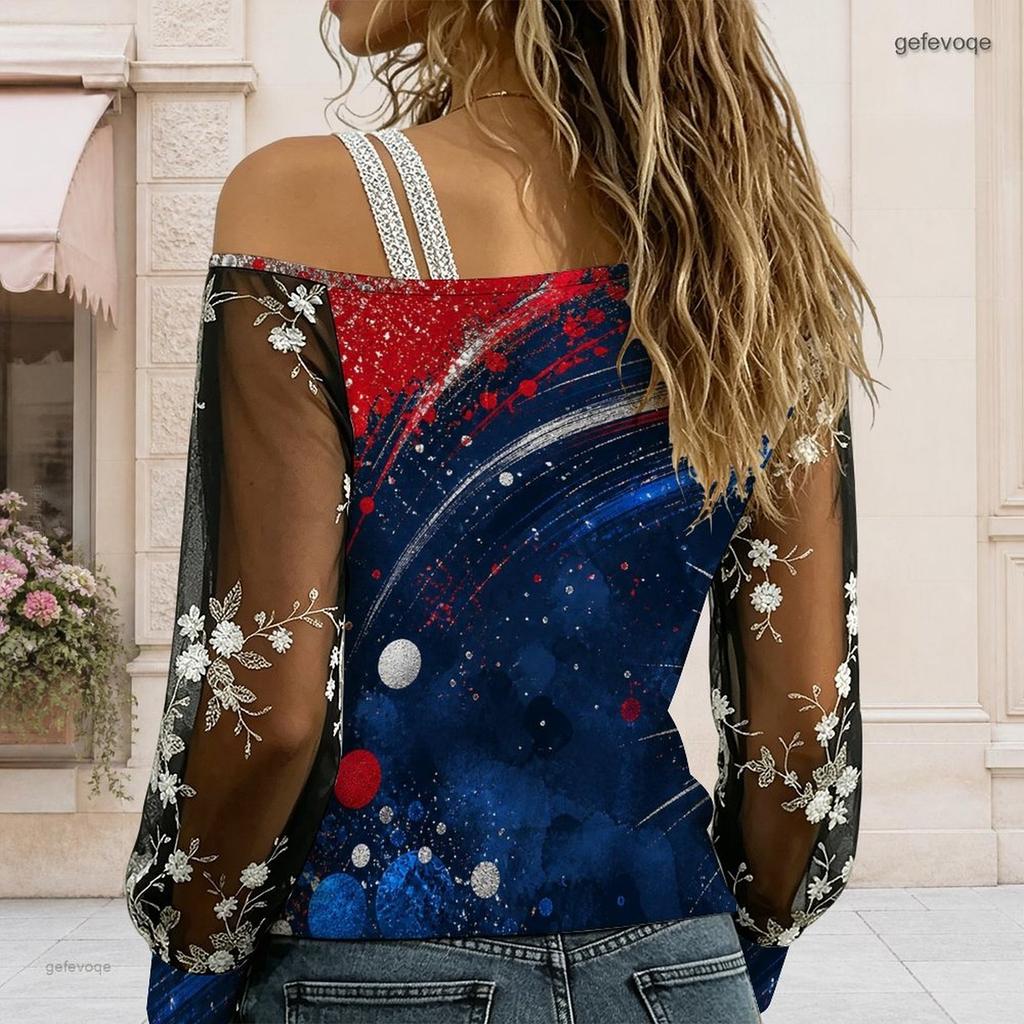 Women Plus Size Asymmetric Off Shoulder Long Sleeve T Shirt Star Printed Red Blue White Rhinestone Strap Sheer Floral Sleeve