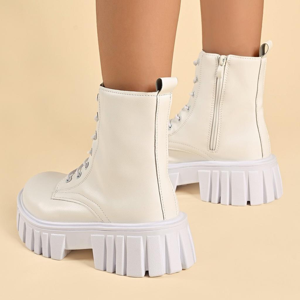 Fashion Chunky Platform White Ankle Boots Women Autumn Winter Pu Leather Booties Mujer Punk Thick Bottom Motorcycle Boots Size 35-43