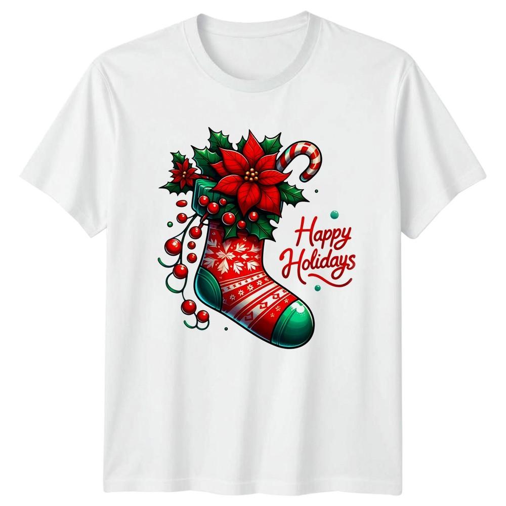 Happy Holidays Christmas Stocking Poinsettia Holidays Unisexs Unisexs Graphic Tee