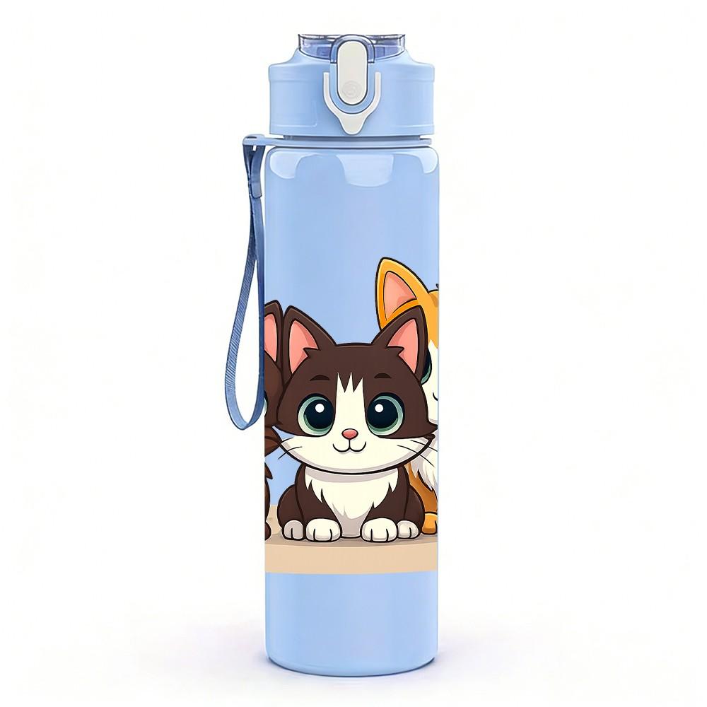 1PC Two Cute Kittens Cartoon 750ml Color Plastic Sports Water Bottle Leakproof Flip Straw Lid Suitable for Sports Office Home Use