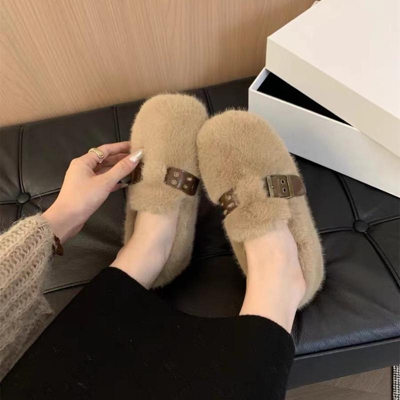 2024 Winter Warm Ladies Flat with Furry Shoes Fashion Buckle Strap Women Mules Fur Casual Flats Outdoor Indoor Female Loafers