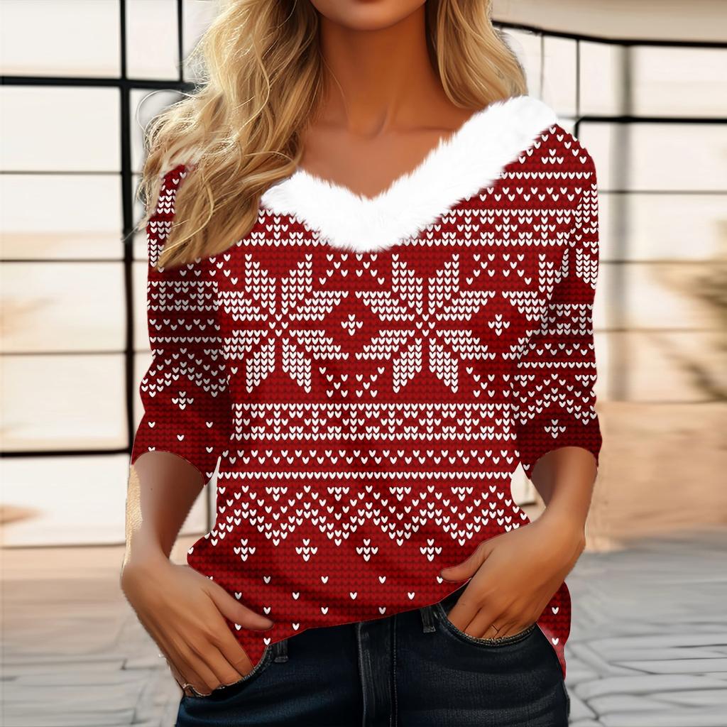 Женская мода с длинным рукавом и рождественским принтом, праздничный воротник, V-образный вырез