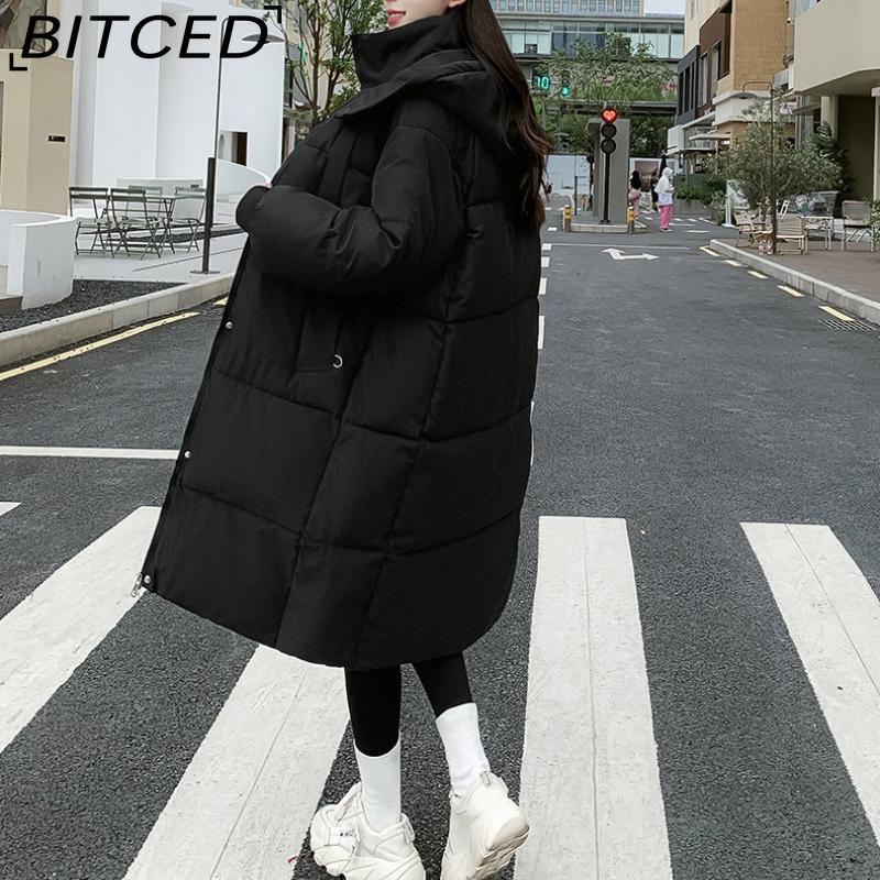 BITCED Long Down Jacket with Quilted Cotton Lining - Women's Loose-Fit Winter Coat - Thickened Cotton-Padded Outerwear