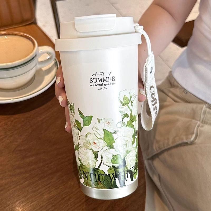 Van Gogh Inspired Insulated Stainless Steel Travel Mug Women Double Drink Cup With Tea Strainer Floral Design Gift
