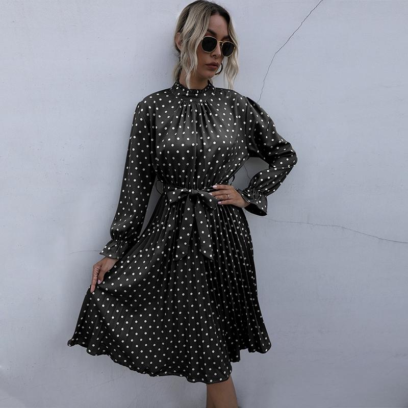 Модное платье в горошек, женское полуводолазка с рукавами-бабочками, платье трапециевидной формы, осень-зима, тонкое бандажное платье, винтажное