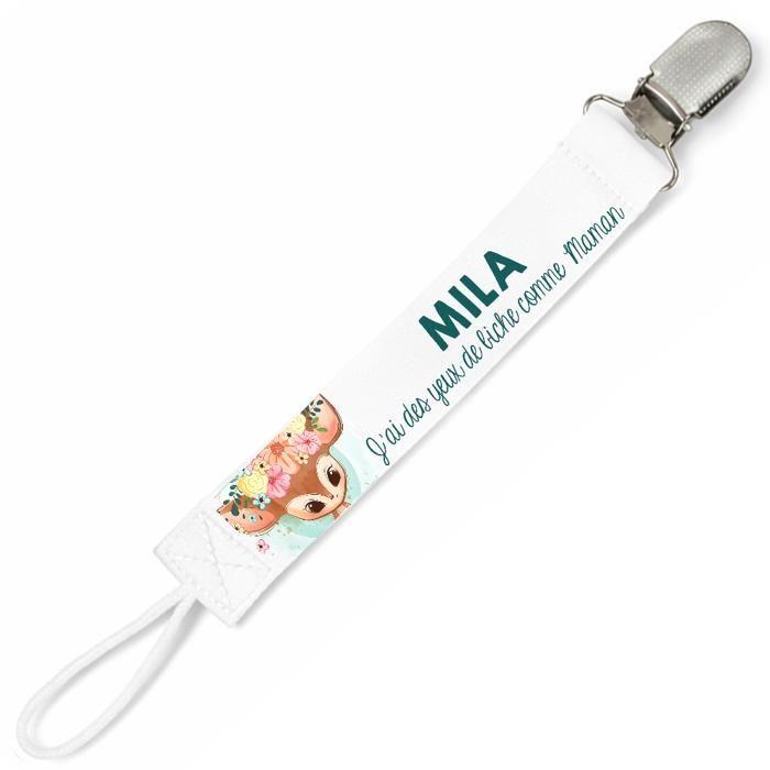 Planetee Attache tétine pour prénom MILA yeux de biche comme Maman | Attache sucette cadeau naissance