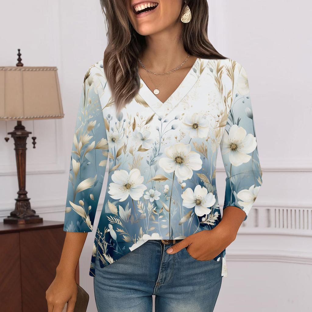 3/4 Sleeve Shirts For Women  Print Graphic Tees Blouses Casual Plus Size Basic Tops Pullover