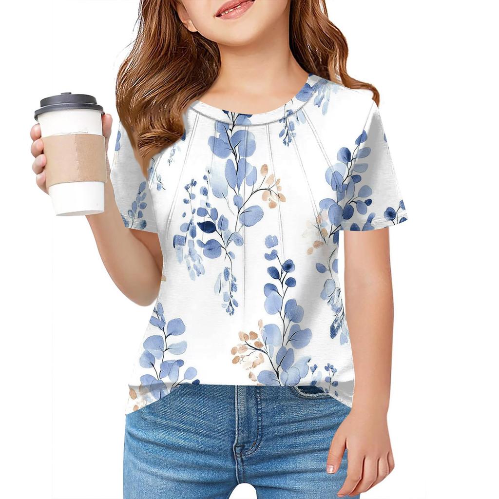 Детская футболка Fold A для девочек, летняя модная куртка с круглым воротником и цветочным принтом с короткими рукавами