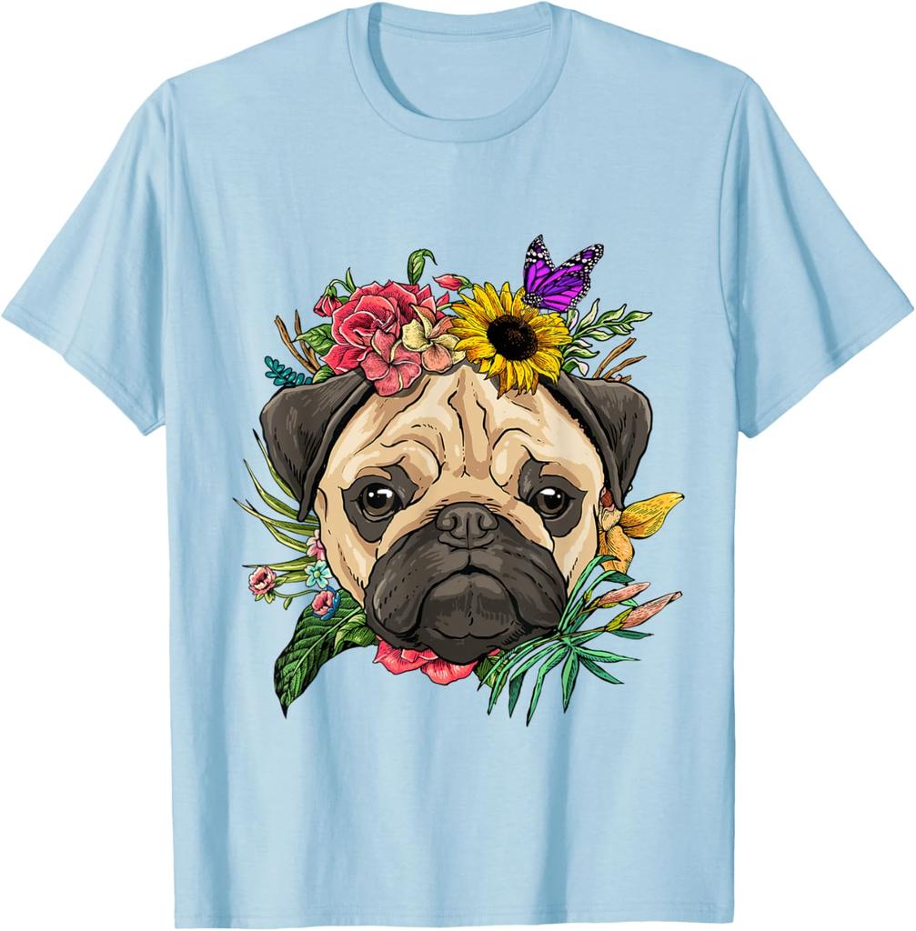 Pug Face Flower Crown Butterfly Graphic Tee Soft Cotton Casual Trip T-Shirt