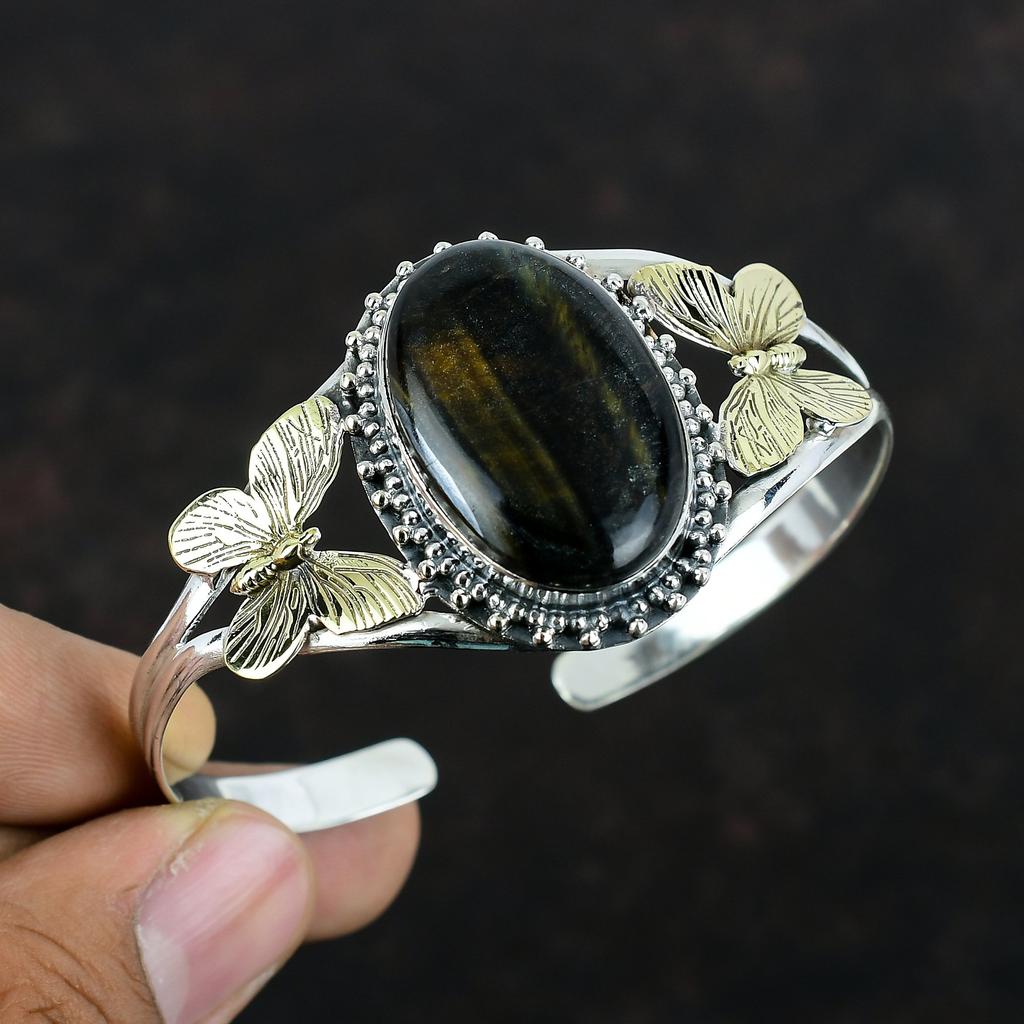 Pietersite Cuff Bracelet Gemstone Butterfly Bangle Handmade Jewelry 925 Sterling Silver Cuff Bracelet Adjustable Bangle 18K Gold Plated Cuff