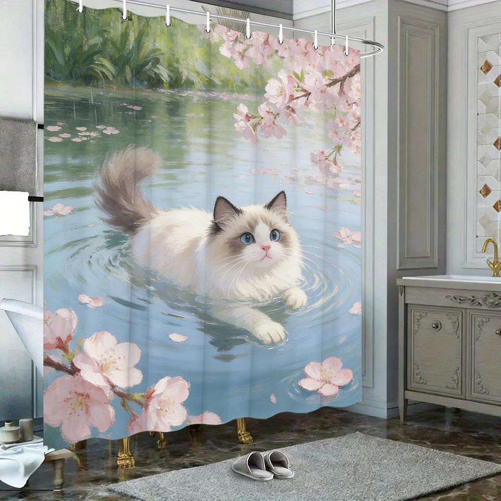 Кошка породы рэгдолл в пруду с цветущей сакурой Водонепроницаемая шторка для душа для декора ванной комнаты